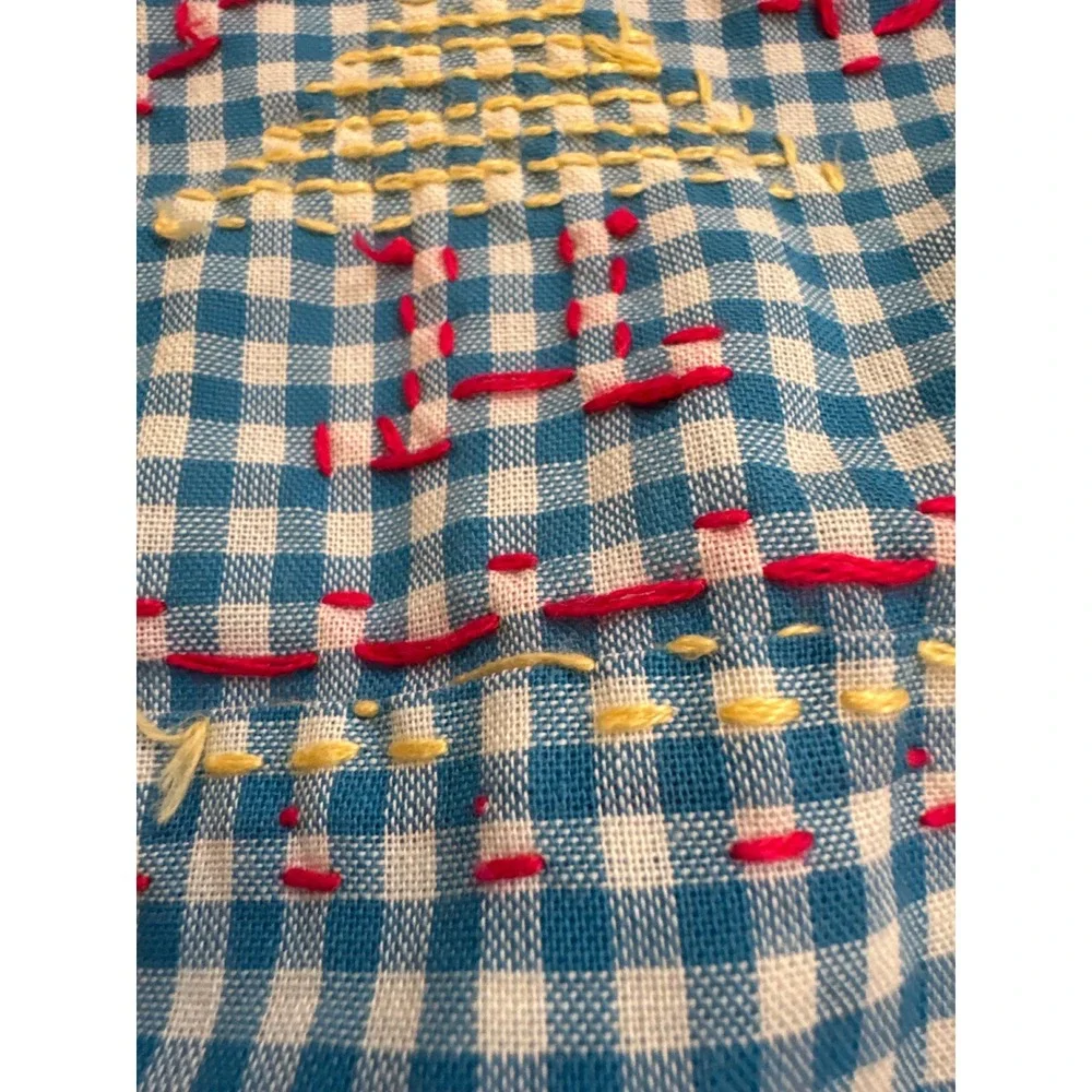 Vintage Blue Gingham Hand Embroidered Half Apron Cross Stitch People Folk Art